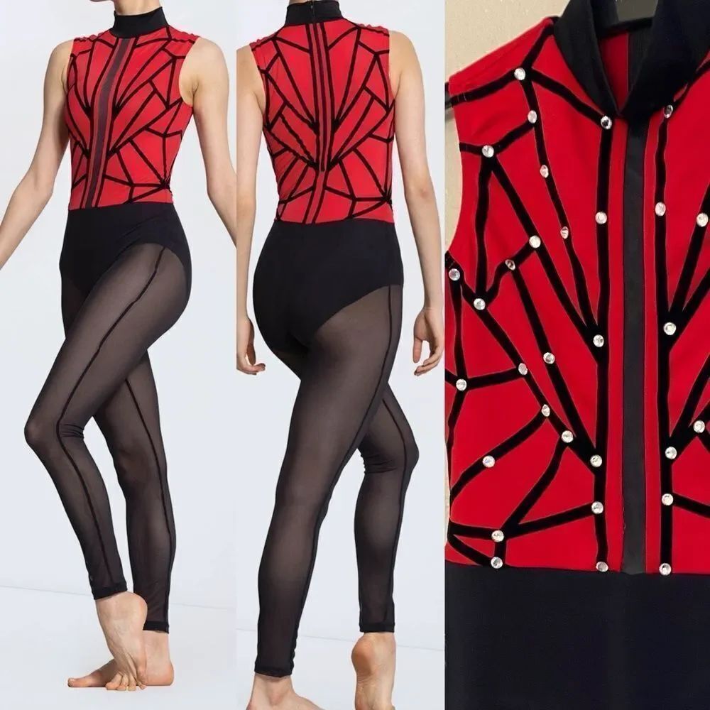 WEISSMAN Elite Dance Costume unitard black red Not My Responsibility 14114 MC
